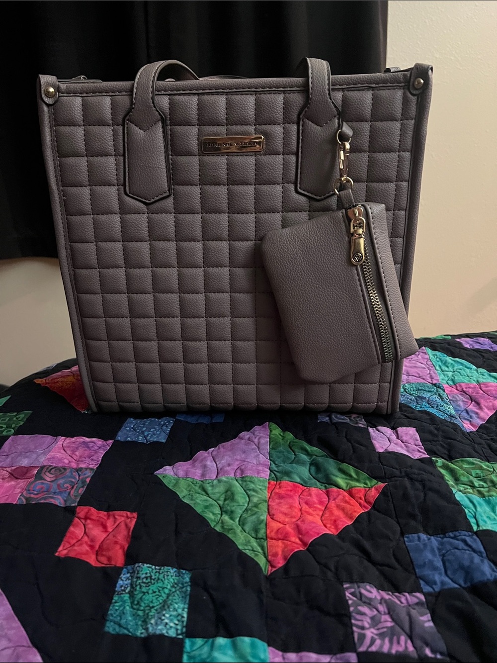 Adrienne Vittadini Quilted Gray Tote with Detachable Pouch